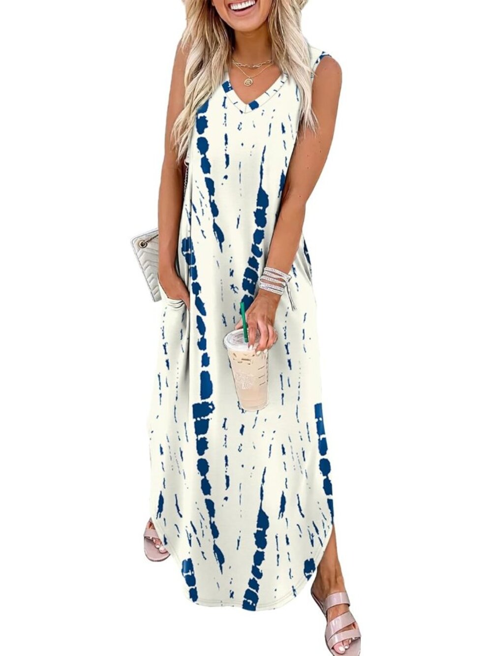 Women's Floral Ripple Summer Maxi Dress Beach Sundress with Pocket